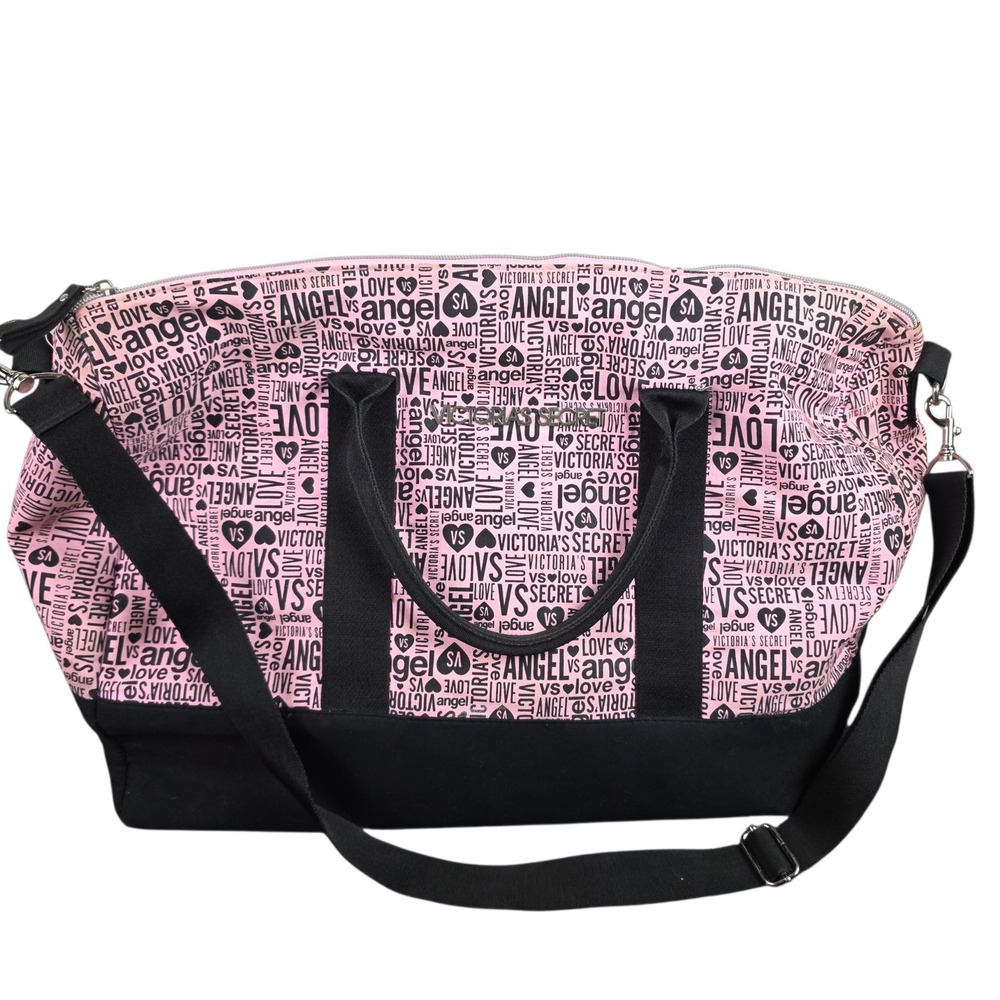 Victoria's Secret Duffel Bag Women Large Pink Good Angel Logo Print Travel Tote